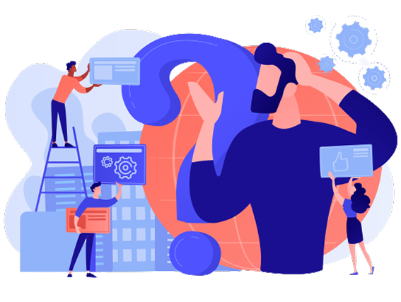 Illustration of people holding and interacting with a large question mark and gears, symbolizing FAQ and problem solving