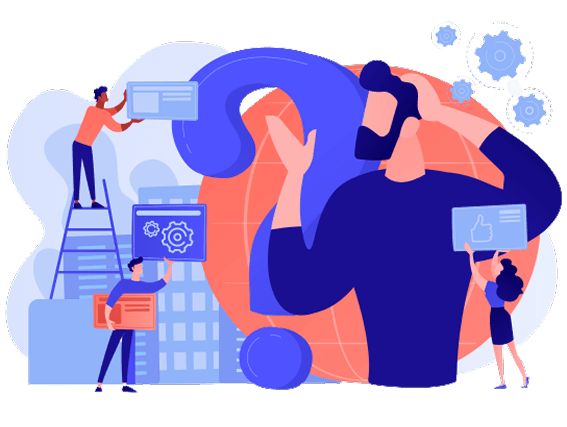 Illustration of people holding and interacting with a large question mark and gears, symbolizing FAQ and problem solving